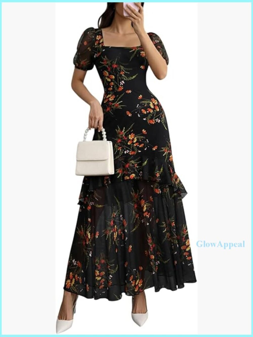 Mesh Square Neck Puff Sleeve Ruffle Mermaid Dress Summer Casual Formal